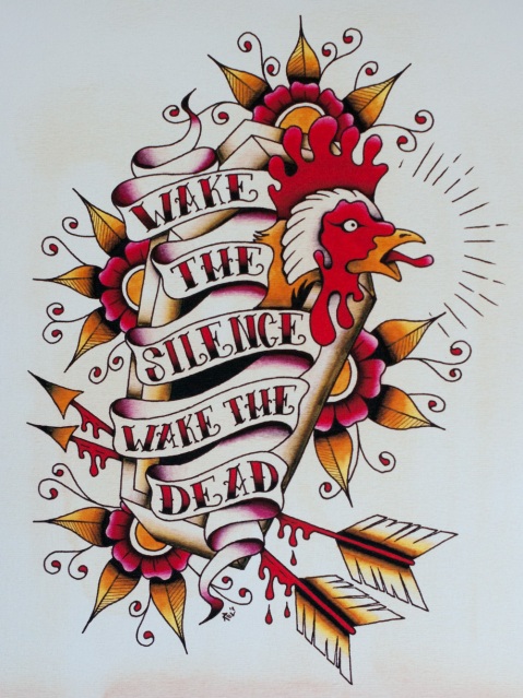 wake the dead, tattoo, flash, watercolor, watercolour, painting, print, art, kustom art, comeback kid, toronto, canada, graphic design, illustration, coffin, rooster, arrows, spit shading, breath of fresh air design, habitat for humanity, exhibition, auction, banner,